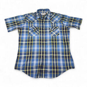 Vintage Ely Cattleman Western Shirt Adult LARGE Blue Yellow Plaid Pearl Snap 90s